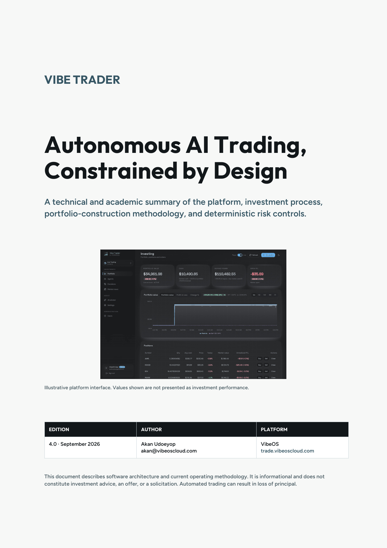 Cover page of the VibeTrader whitepaper, Autonomous AI trading, constrained by design